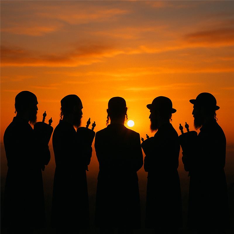 Five silhouettes against sunset, representing the 5 survivors, each holding a Torah scroll