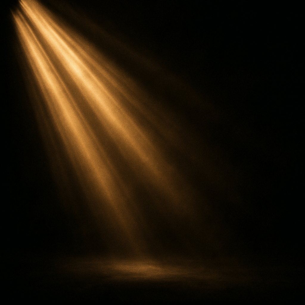 Abstract rays of golden light breaking through darkness into a shadowed space
