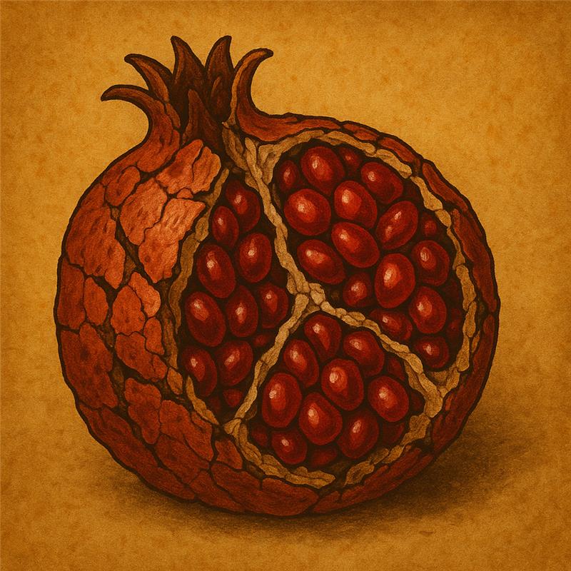 Split pomegranate with perfect seeds in damaged peel, symbolizing extracting wisdom from flawed teachers
