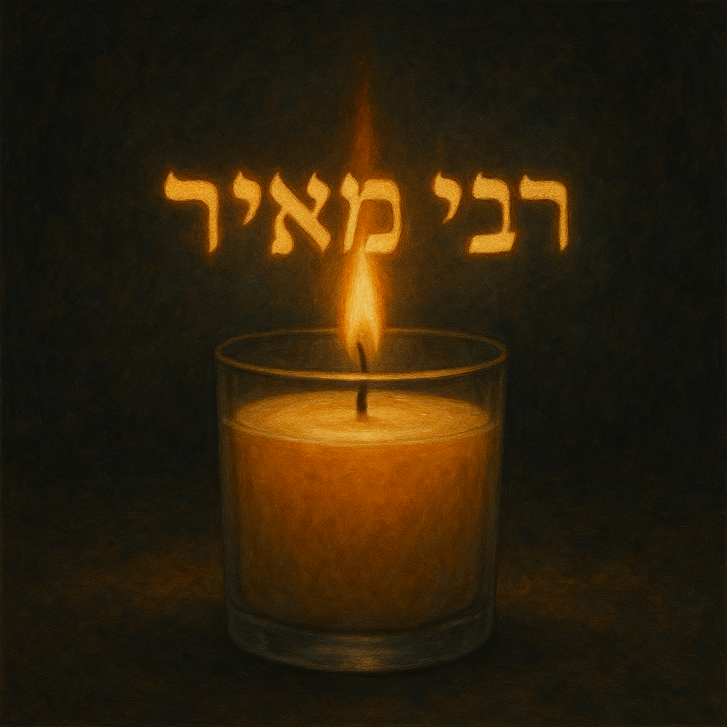 Yahrzeit candle burning with Rabbi Meir's name in Hebrew
