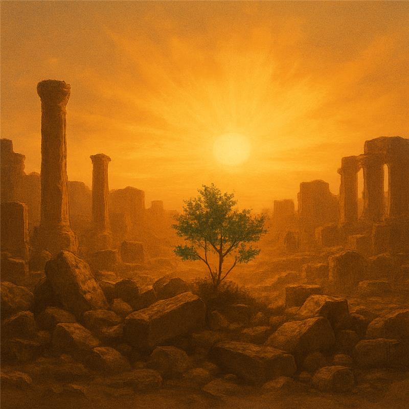 Dawn over ancient ruins with new growth, symbolizing Judaism’s rebuilding after destruction.
