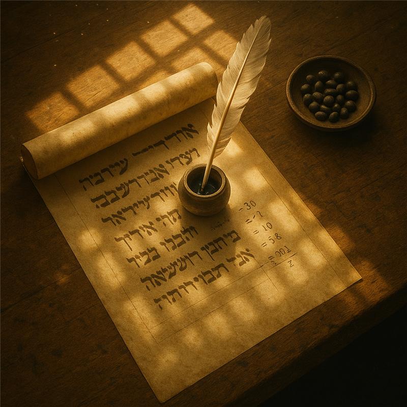  Sacred scribe's workspace where hidden numerical meanings in Torah texts are revealed through divine study