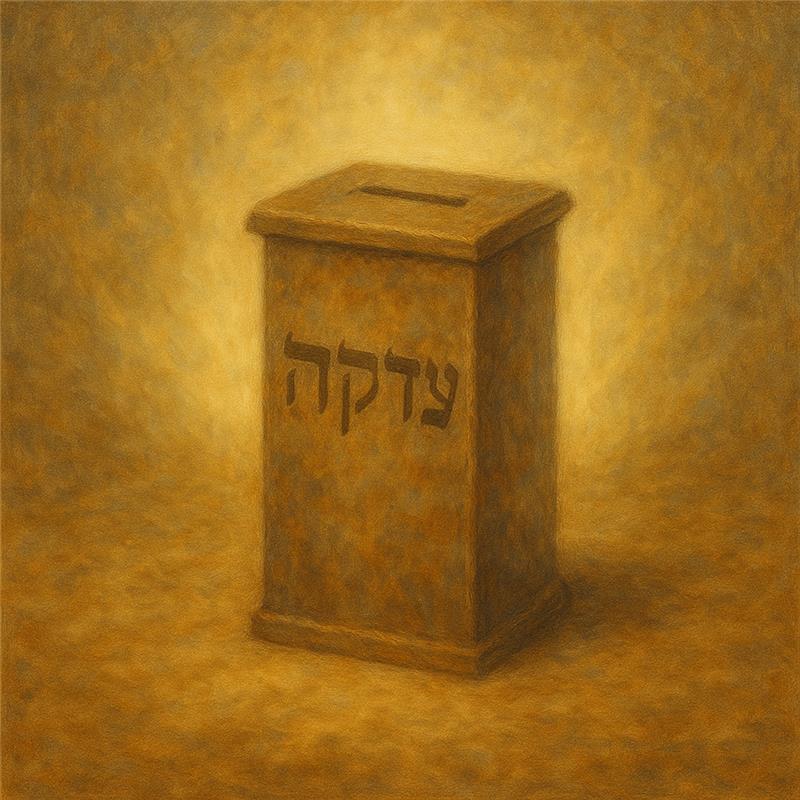 Traditional tzedakah box with ethereal light