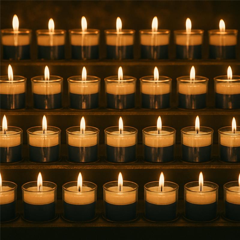 Rows of yahrzeit memorial candles lit in prayer for answered requests