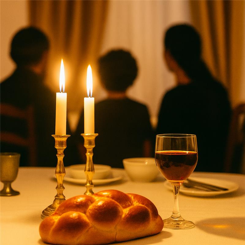 Shabbos candles illuminating a family table representing Beruriah and Rabbi Meir's home