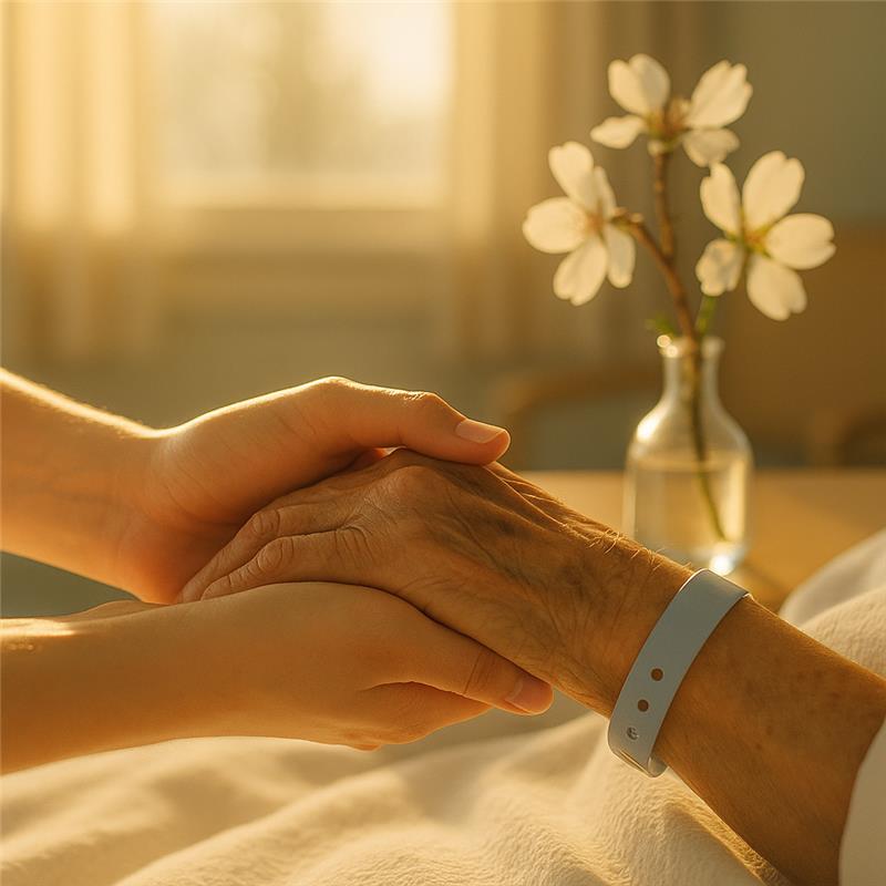 Hands clasped in support during healing prayer, hospital setting with almond blossoms symbolizing recovery and hope