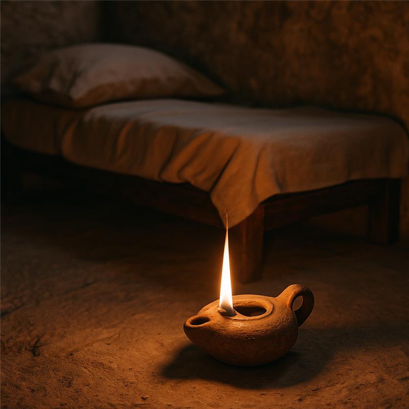 Oil lamp beside ancient bed representing final moments