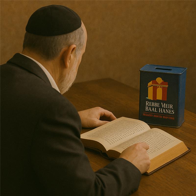 Torah scholar studying at wooden table with RMBH charity box visible nearby

