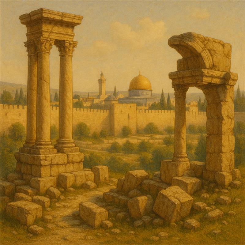 Ruins of Roman architecture overlooking Jerusalem's Old City walls, symbolizing the intersection of Roman and Jewish worlds