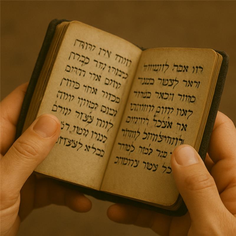 Hands holding worn leather-bound Tehillim with Hebrew text visible on open pages